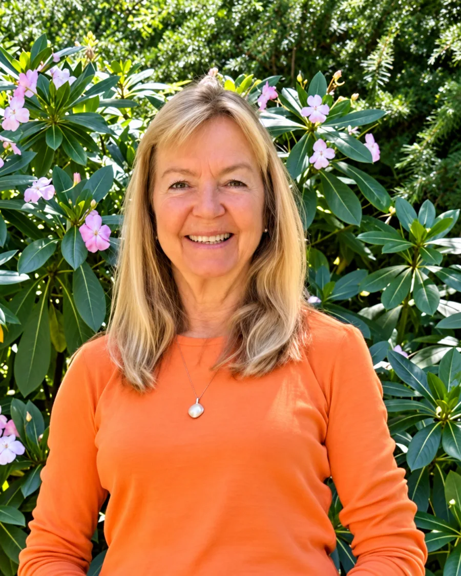 Angelika smiling in a sunlit garden